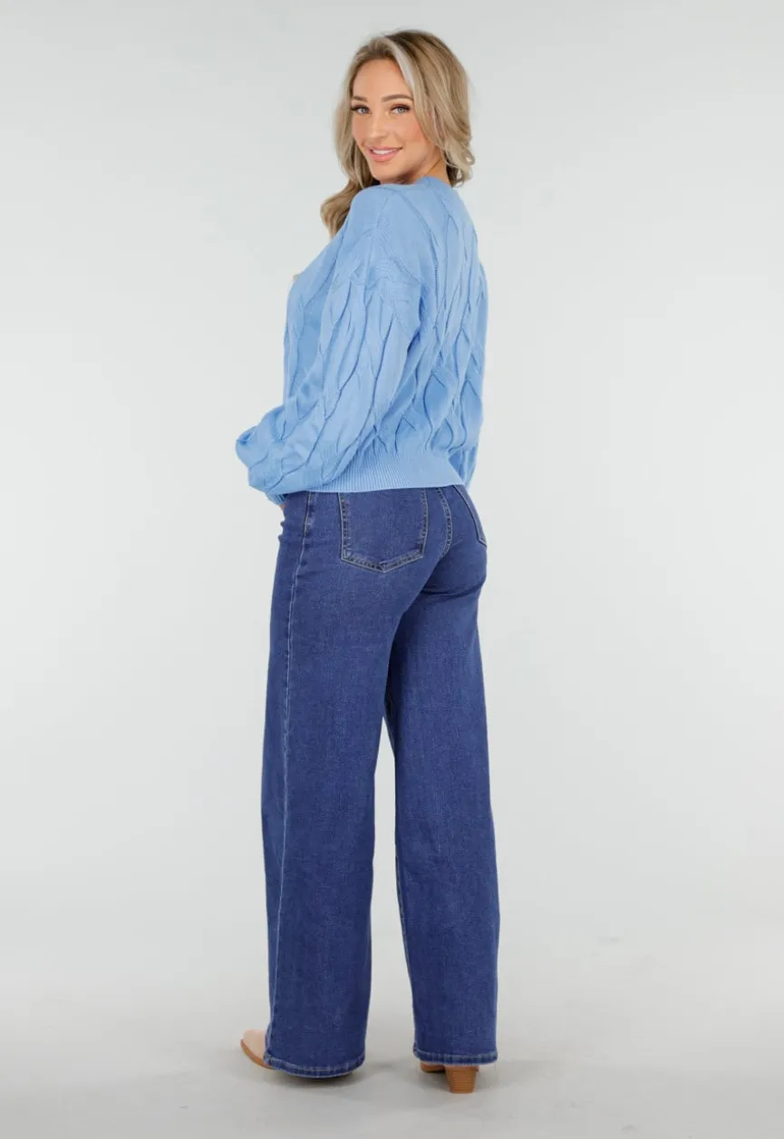 Blauwe Jeans met Hoge Taille en Wijde Rechte Pijpen