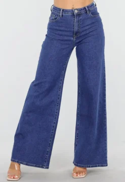 Blauwe Jeans met Hoge Taille en Wijde Rechte Pijpen