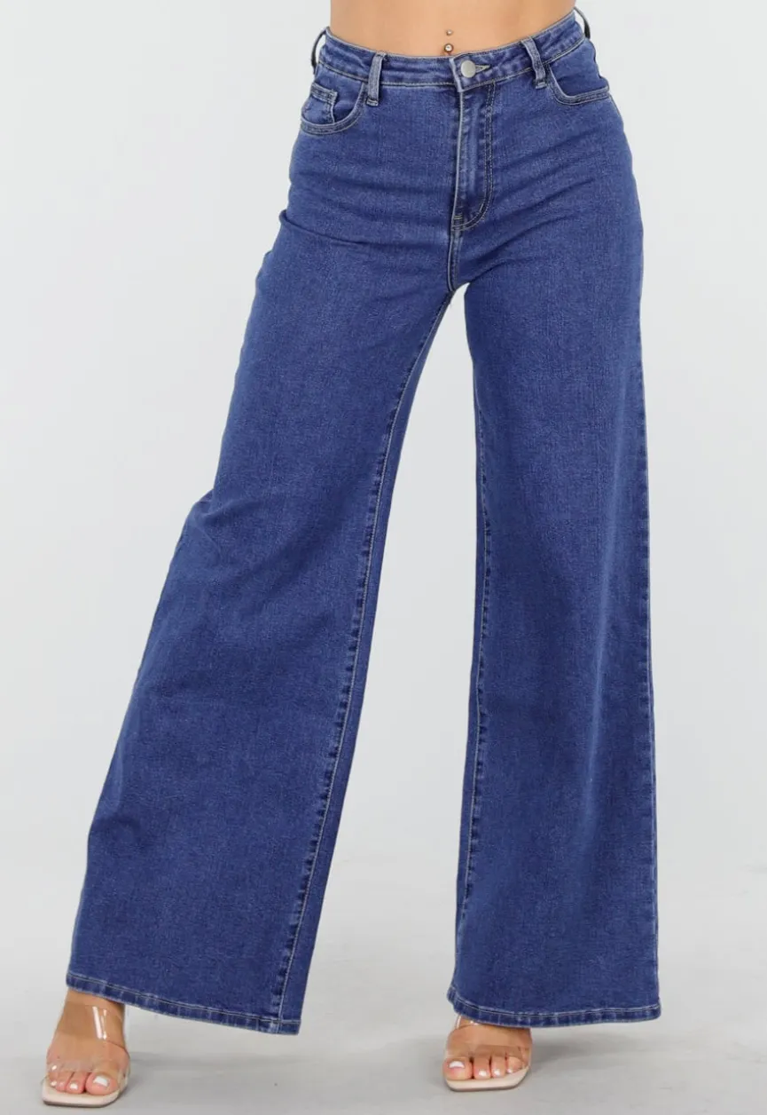 Blauwe Jeans met Hoge Taille en Wijde Rechte Pijpen