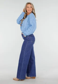Blauwe Jeans met Hoge Taille en Wijde Rechte Pijpen