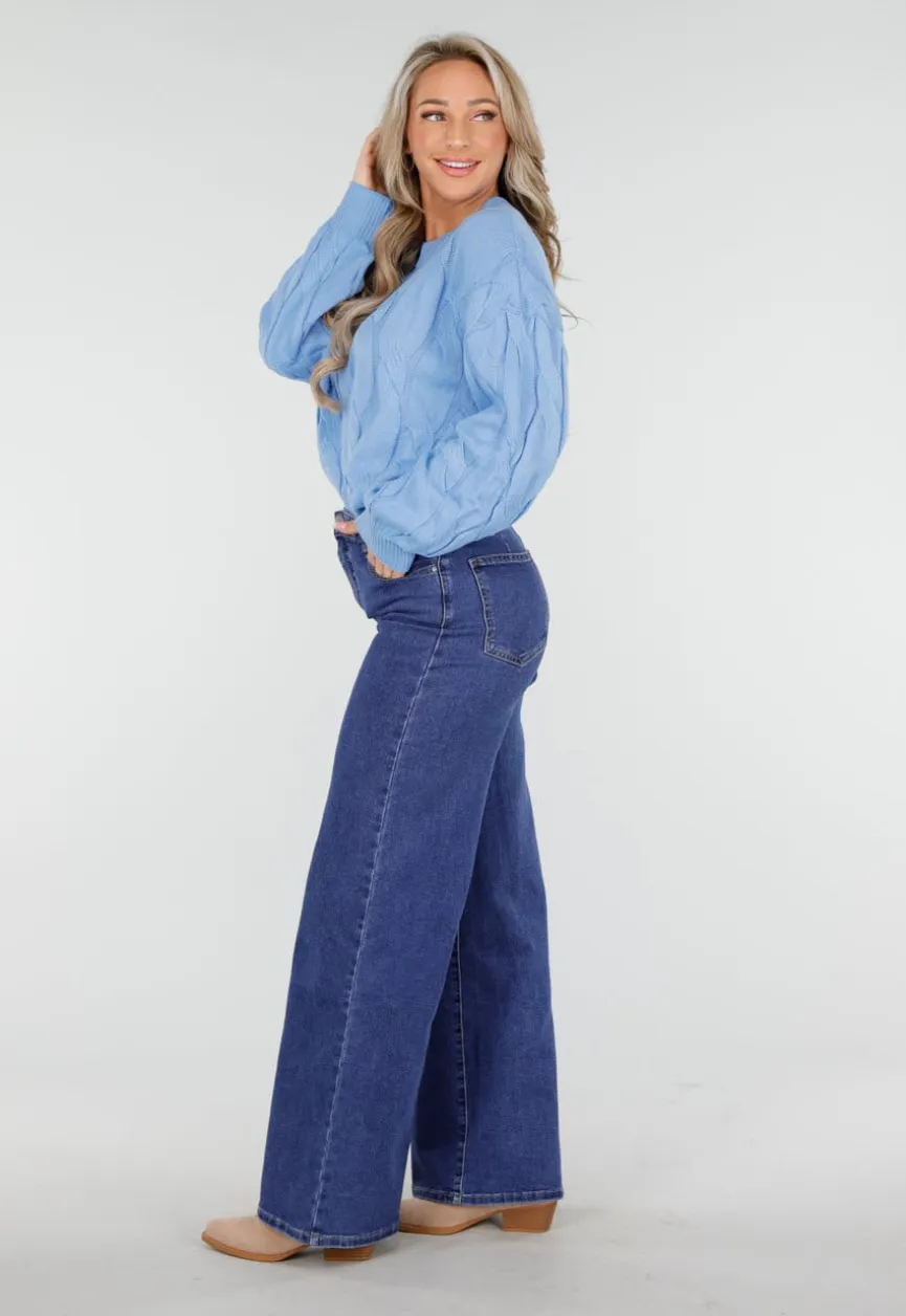 Blauwe Jeans met Hoge Taille en Wijde Rechte Pijpen