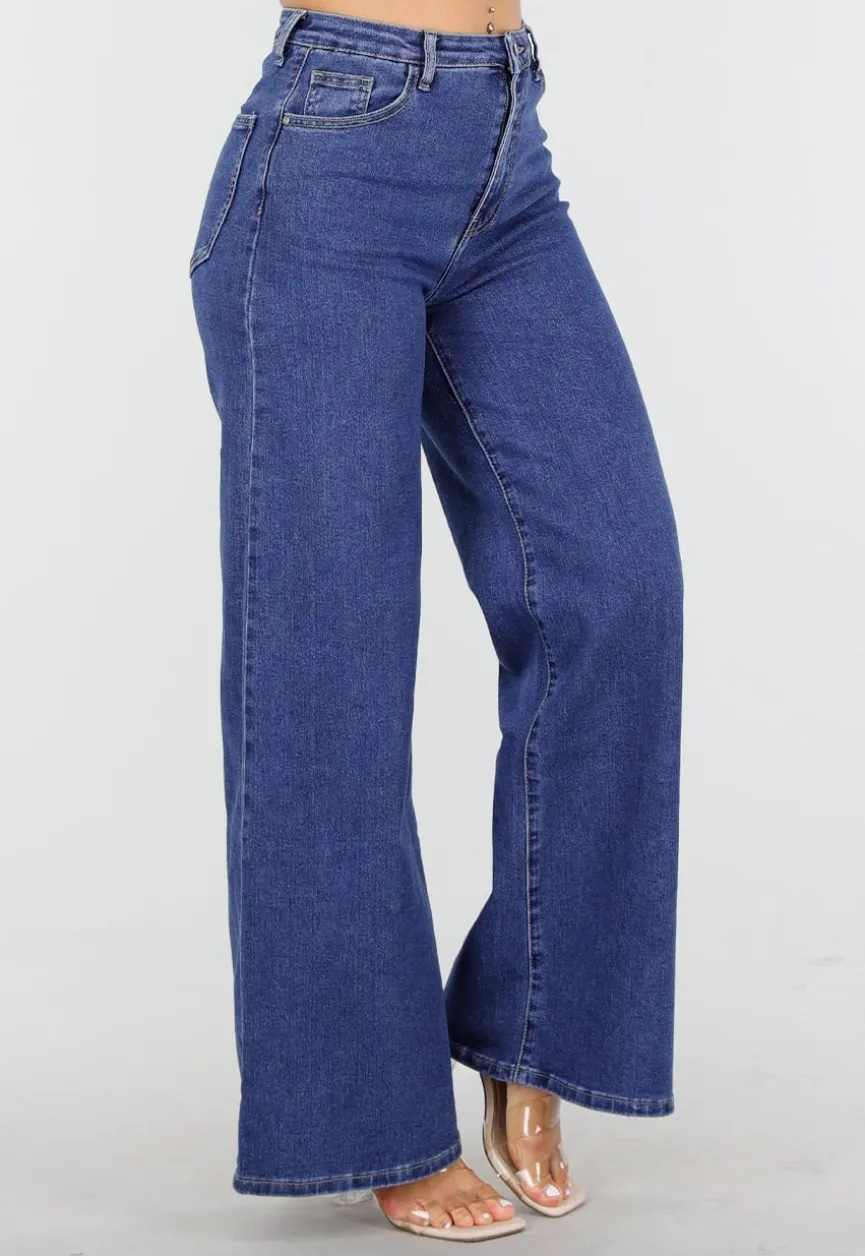 Blauwe Jeans met Hoge Taille en Wijde Rechte Pijpen