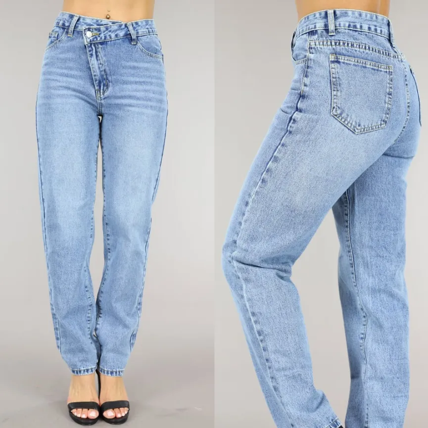 Blauwe Jeans met Schuine Sluiting