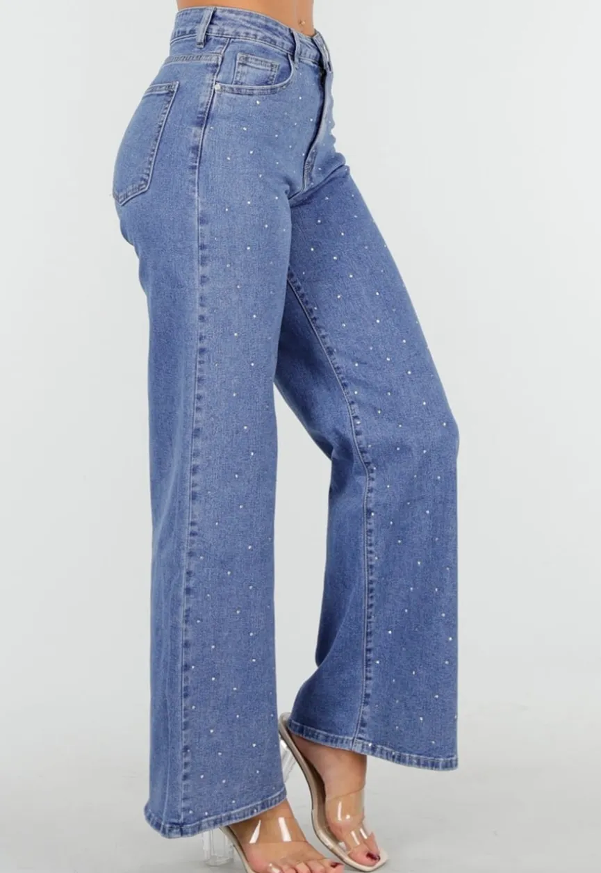 Blauwe Jeans met Stretch en Strassdetails