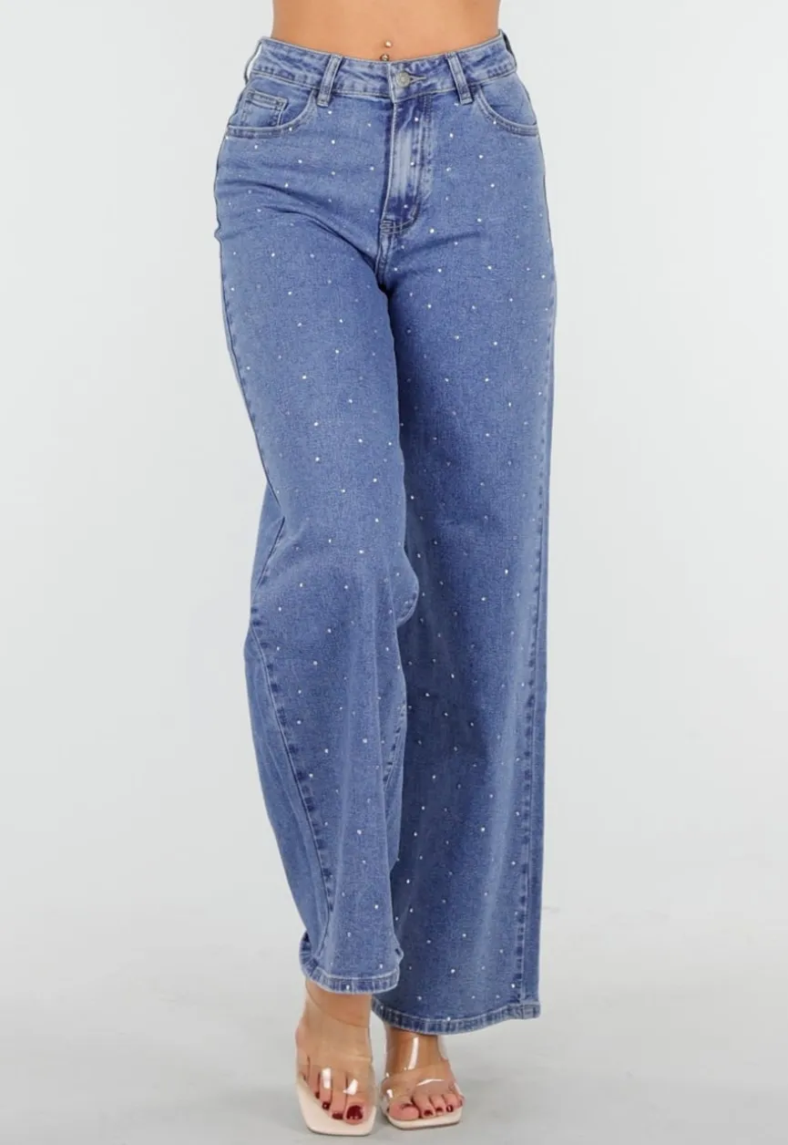 Blauwe Jeans met Stretch en Strassdetails