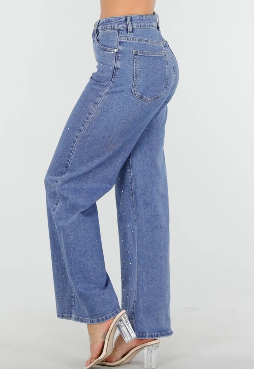 Blauwe Jeans met Stretch en Strassdetails