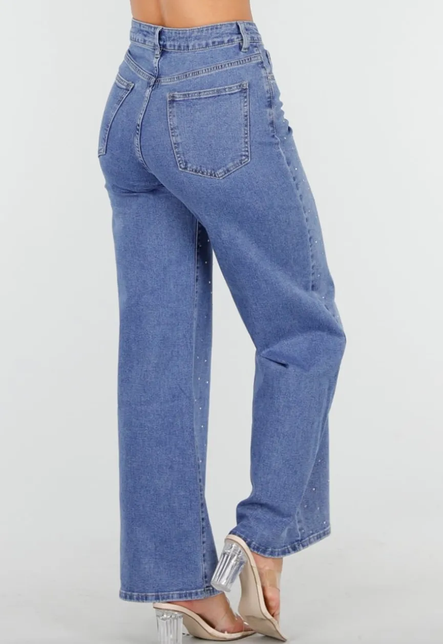 Blauwe Jeans met Stretch en Strassdetails