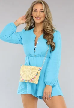 Blauwe Lange Mouwen Mousseline Playsuit