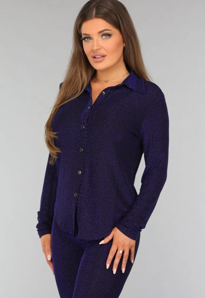 Blauwe Longsleeve Blouse met Shimmer