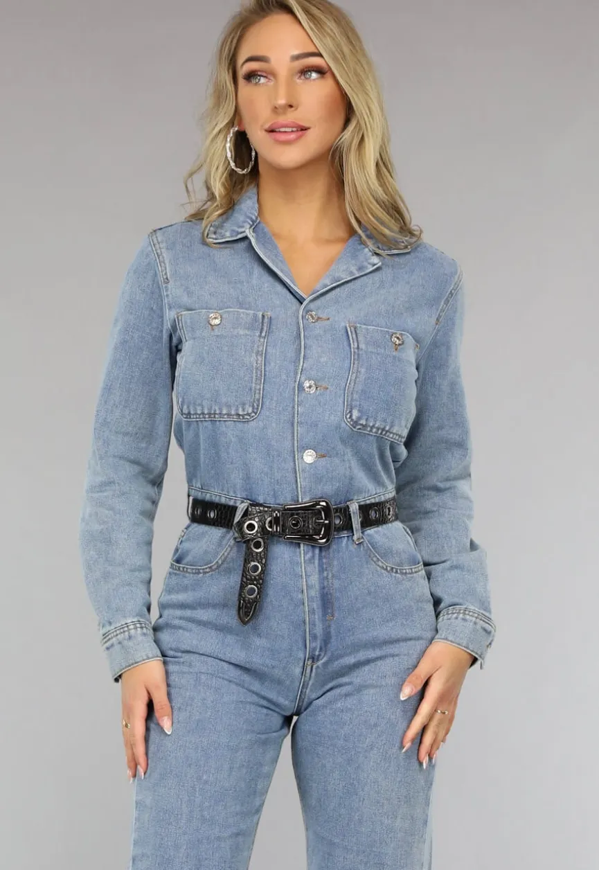 Blauwe Longsleeve Denim Jumpsuit met Wide Leg