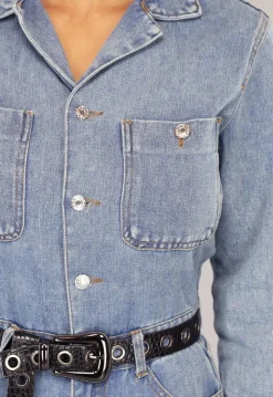 Blauwe Longsleeve Denim Jumpsuit met Wide Leg