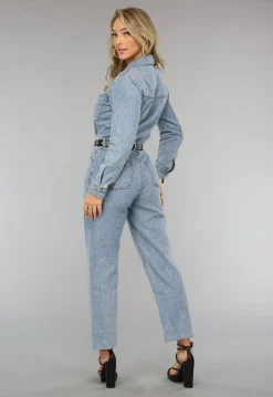 Blauwe Longsleeve Denim Jumpsuit met Wide Leg