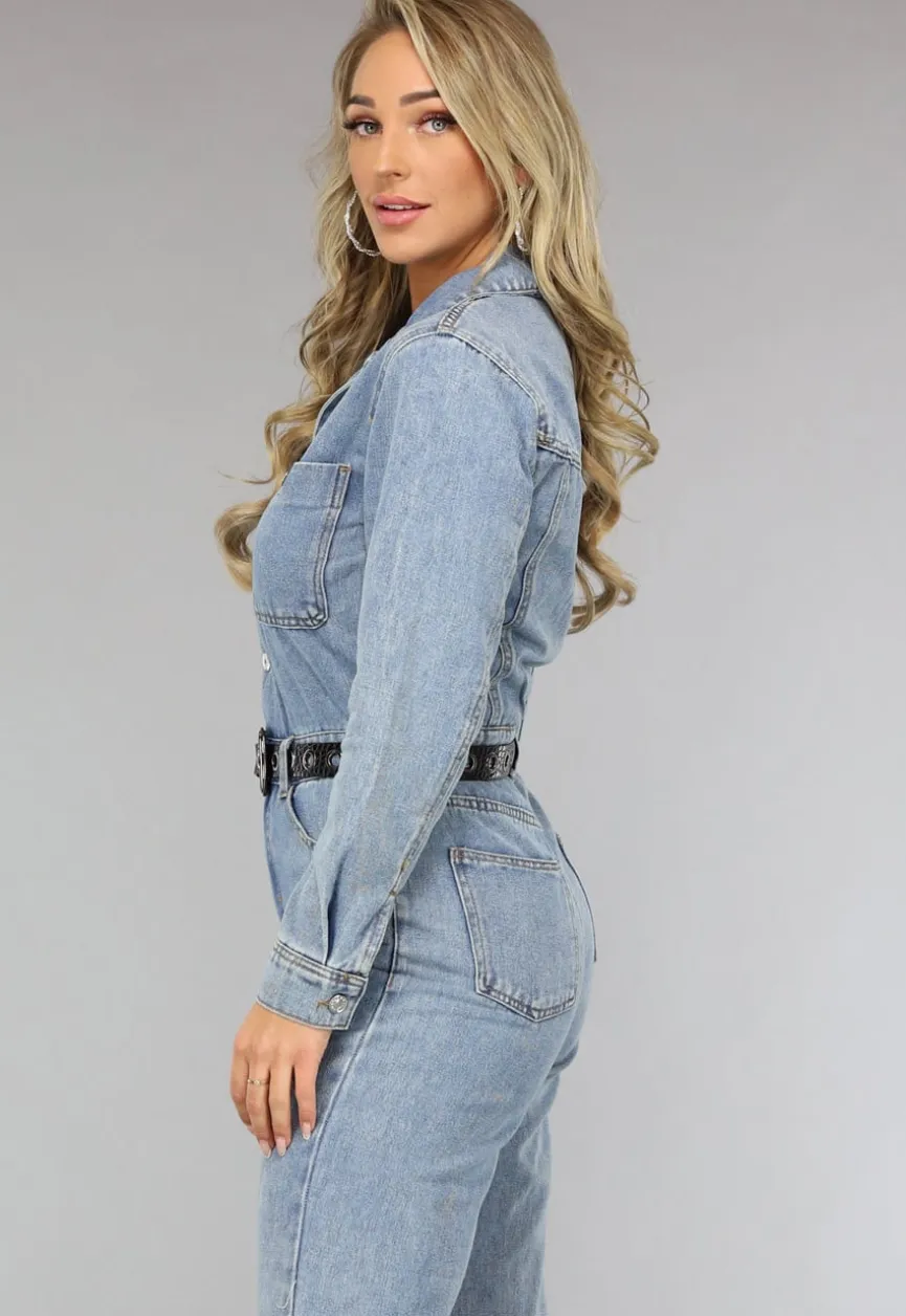Blauwe Longsleeve Denim Jumpsuit met Wide Leg
