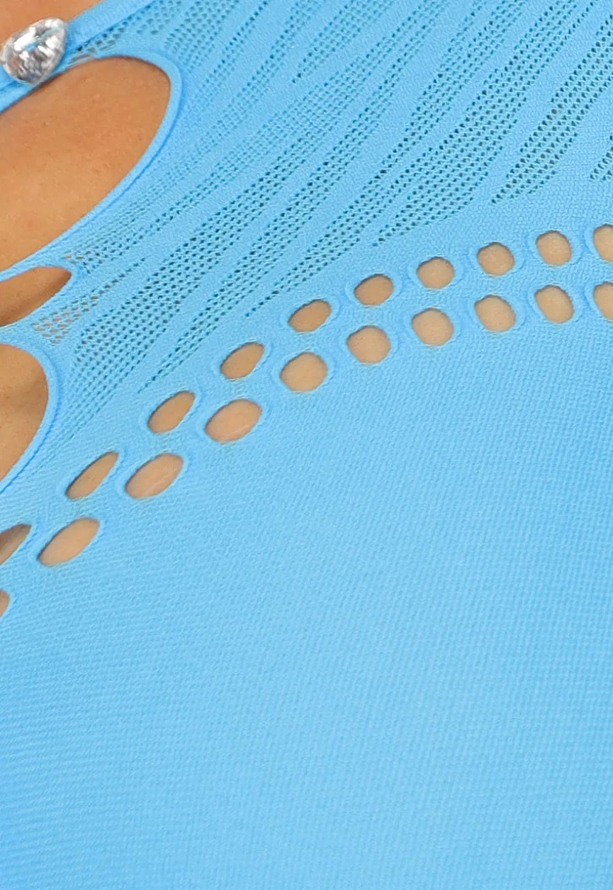 Blauwe Longsleeve Fishnet Playsuit met Glitter Steentjes