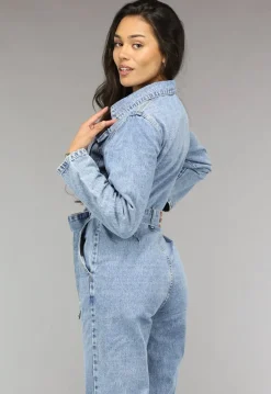 Blauwe Longsleeve Jeans Jumpsuit met Tailleband