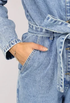 Blauwe Longsleeve Jeans Jumpsuit met Tailleband