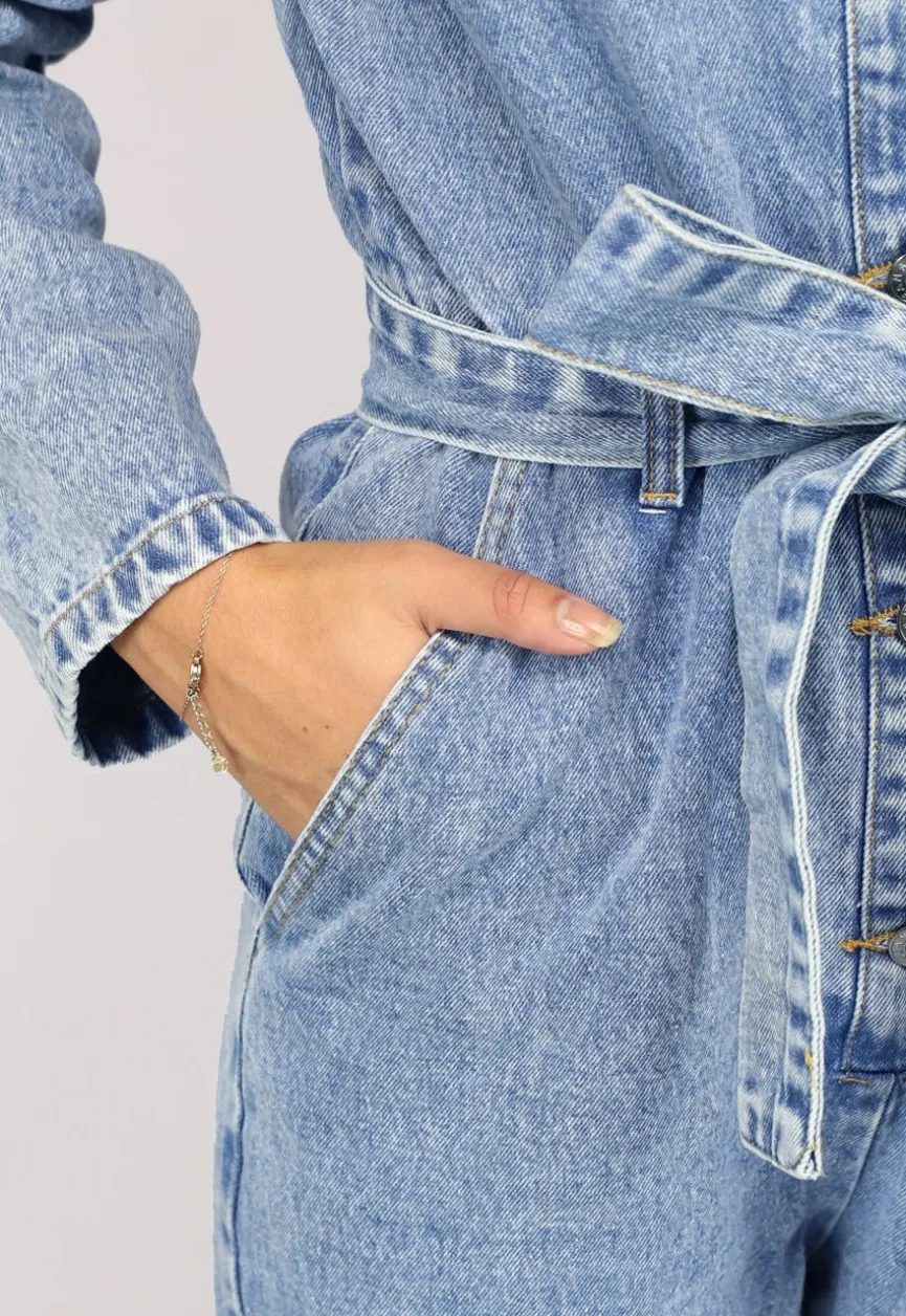 Blauwe Longsleeve Jeans Jumpsuit met Tailleband