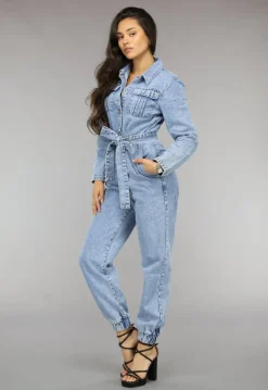 Blauwe Longsleeve Jeans Jumpsuit met Tailleband