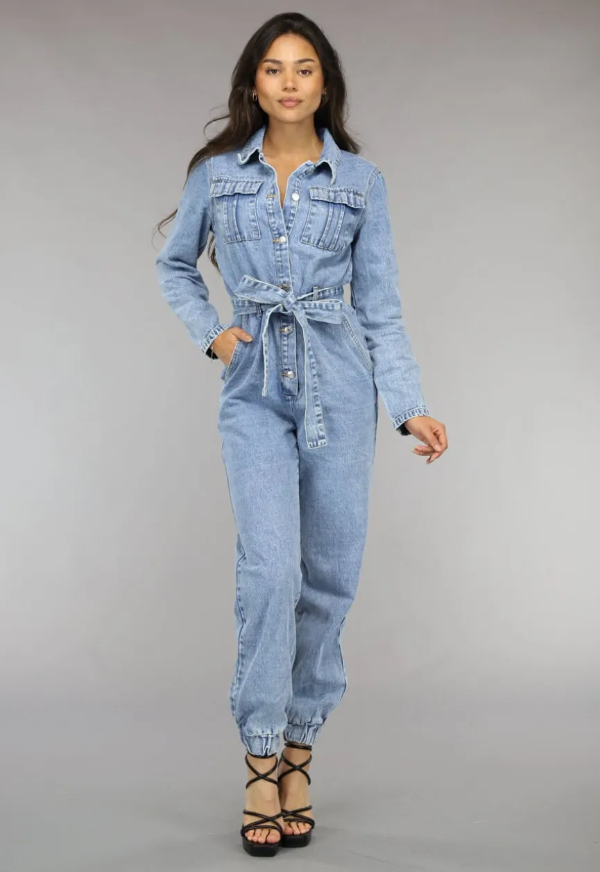 Blauwe Longsleeve Jeans Jumpsuit met Tailleband