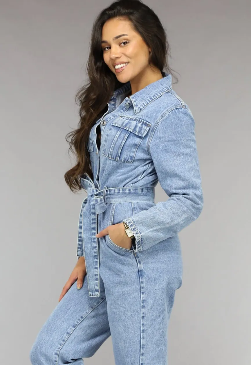 Blauwe Longsleeve Jeans Jumpsuit met Tailleband
