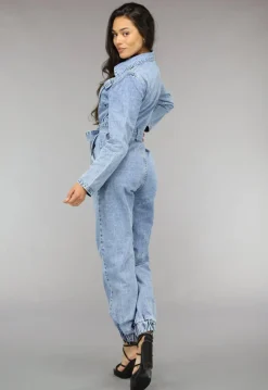 Blauwe Longsleeve Jeans Jumpsuit met Tailleband