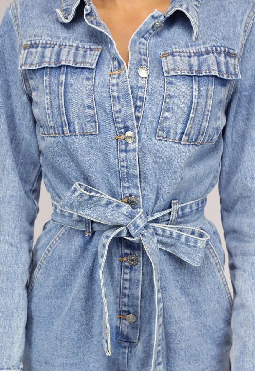 Blauwe Longsleeve Jeans Jumpsuit met Tailleband