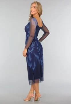 Blauwe Marble Mesh Midi Jurk