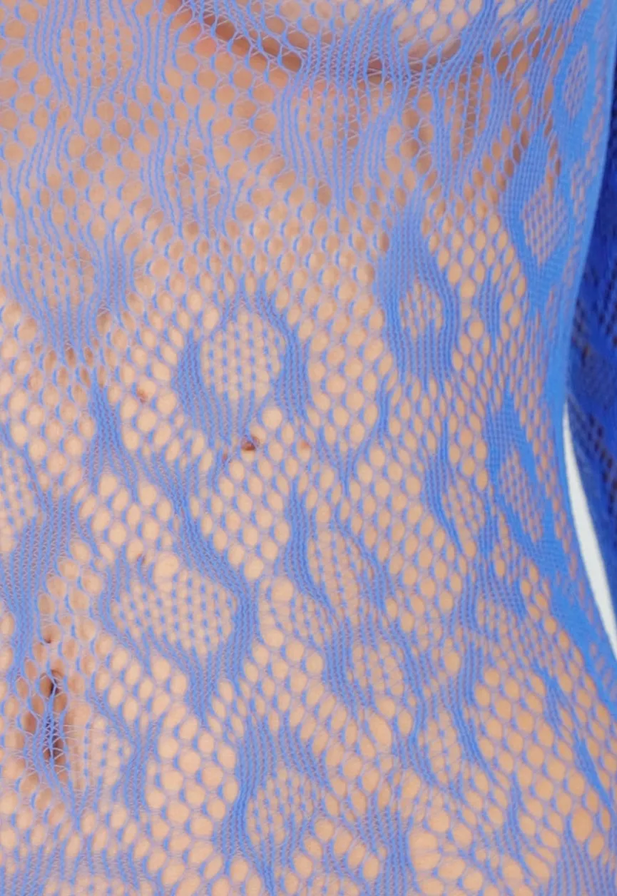 Blauwe Mesh Bodystocking met Lange Mouwen en Open Rug