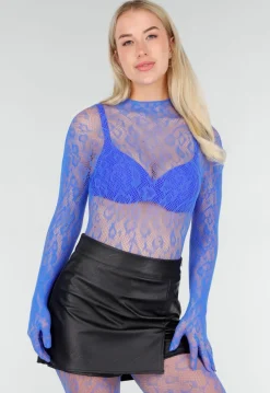 Blauwe Mesh Bodystocking met Lange Mouwen en Open Rug
