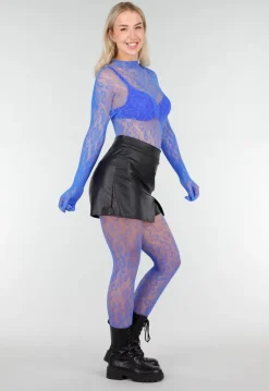 Blauwe Mesh Bodystocking met Lange Mouwen en Open Rug