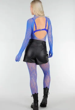 Blauwe Mesh Bodystocking met Lange Mouwen en Open Rug