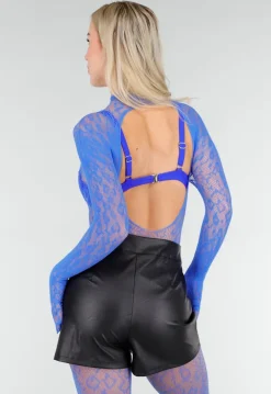 Blauwe Mesh Bodystocking met Lange Mouwen en Open Rug