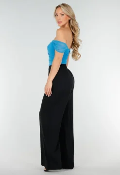 Blauwe Mesh Off Shoulder Top met Stretch en Drapé Effect