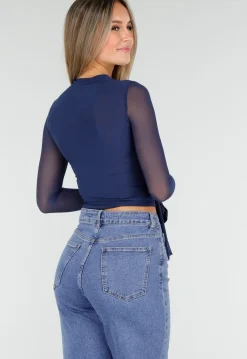 Blauwe Mesh Wrap Top met Striksluiting