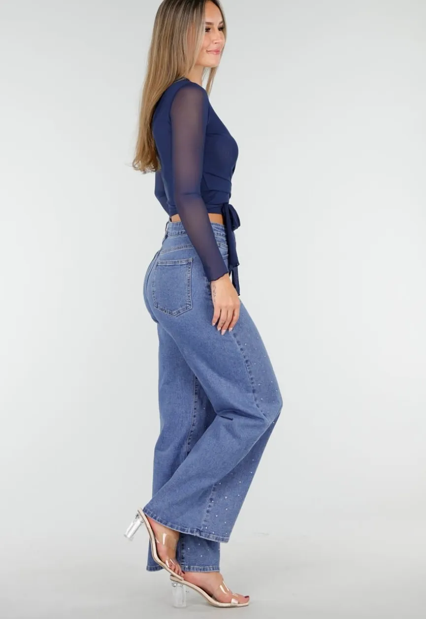 Blauwe Mesh Wrap Top met Striksluiting