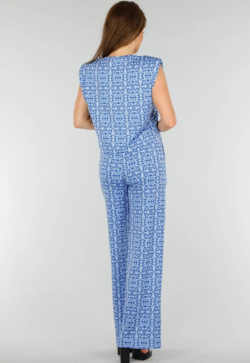 Blauwe Mouwloze Stretch Top met Schoudervullingen