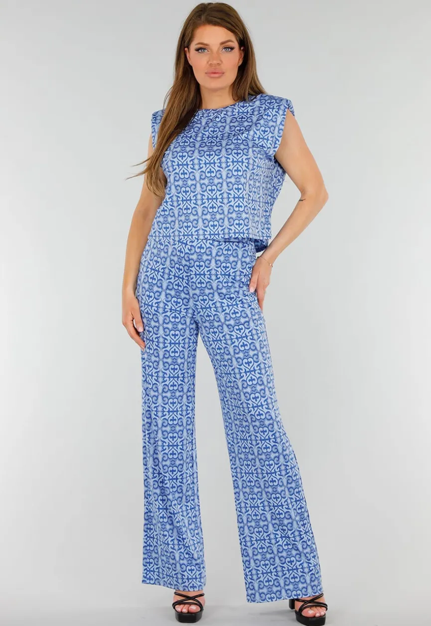 Blauwe Mouwloze Stretch Top met Schoudervullingen