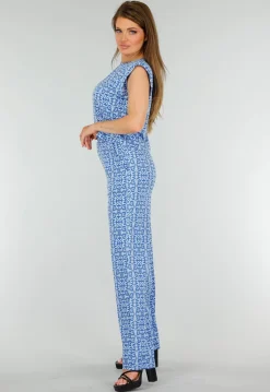 Blauwe Mouwloze Stretch Top met Schoudervullingen