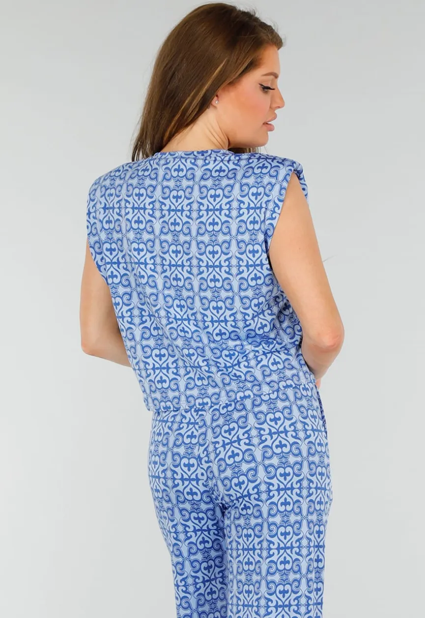 Blauwe Mouwloze Stretch Top met Schoudervullingen