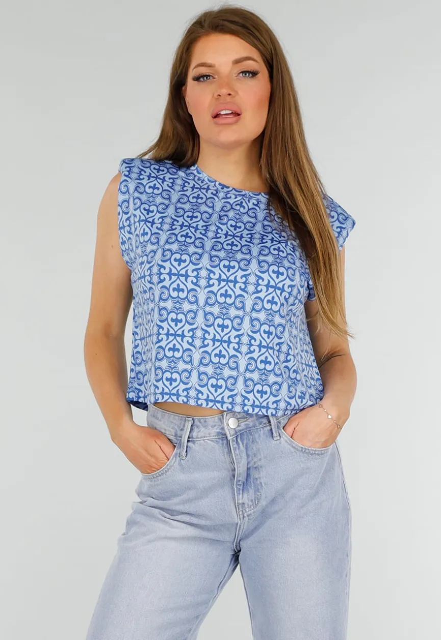 Blauwe Mouwloze Stretch Top met Schoudervullingen