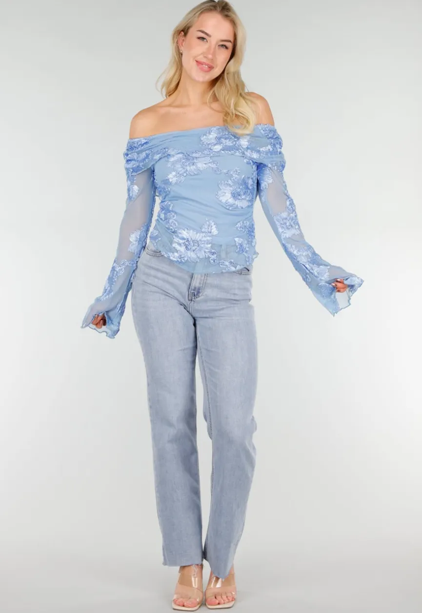 Blauwe Off Shoulder Mesh Top met Bloemen