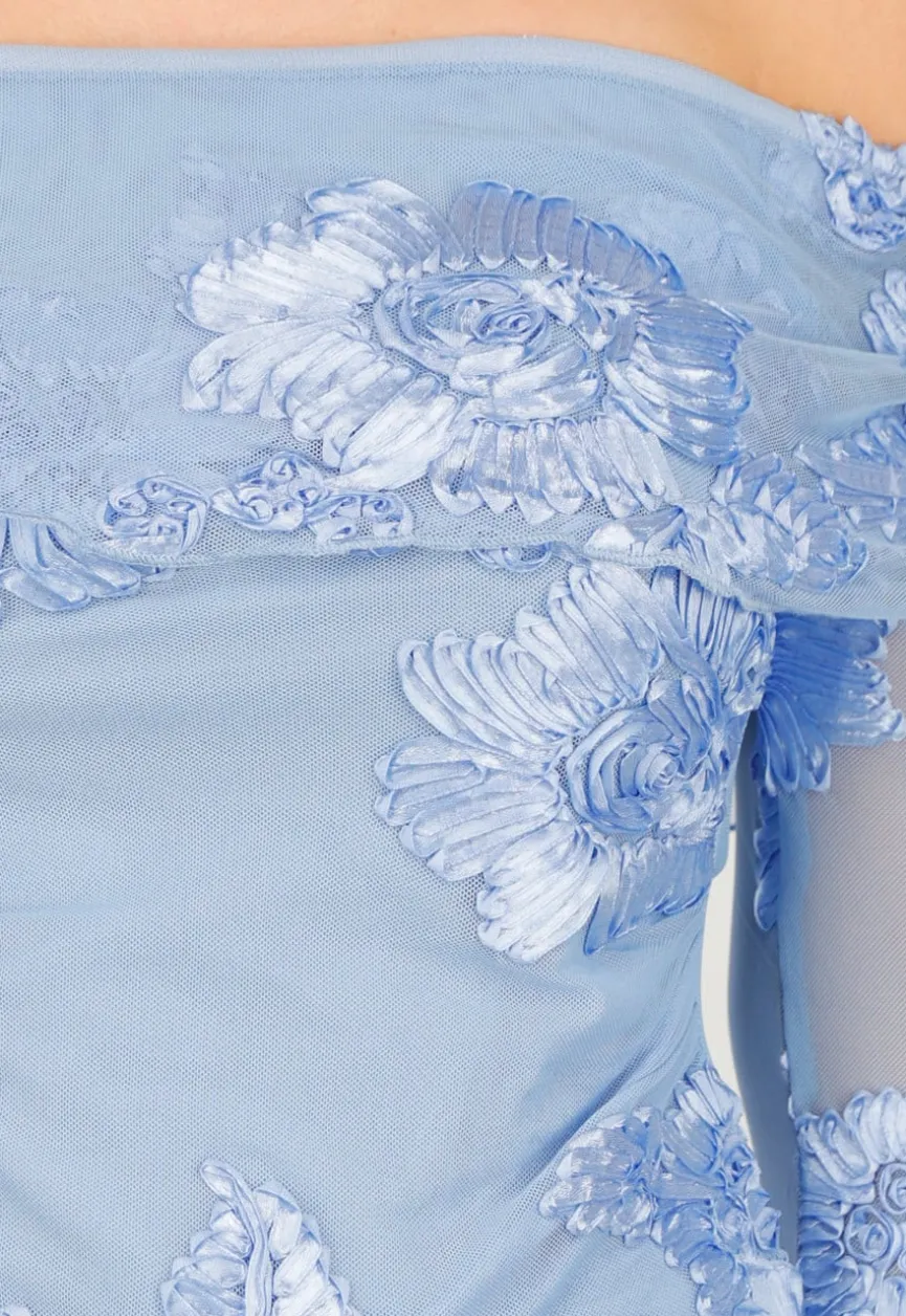 Blauwe Off Shoulder Mesh Top met Bloemen