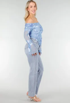 Blauwe Off Shoulder Mesh Top met Bloemen