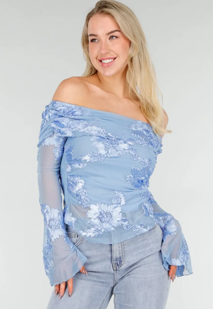 Blauwe Off Shoulder Mesh Top met Bloemen