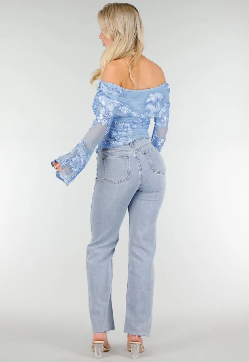 Blauwe Off Shoulder Mesh Top met Bloemen