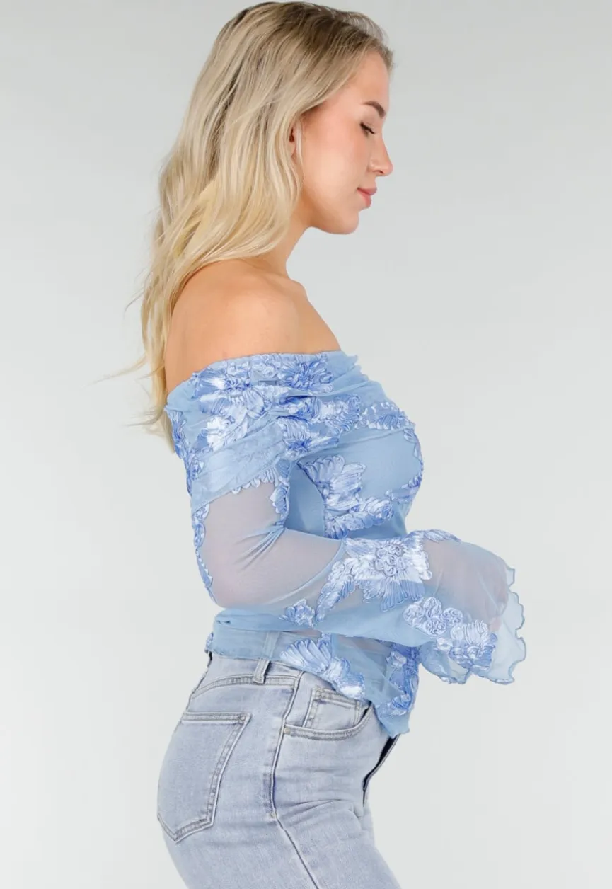 Blauwe Off Shoulder Mesh Top met Bloemen