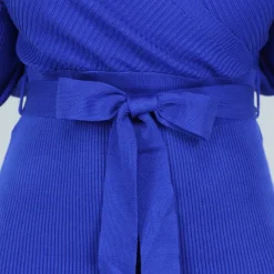 Blauwe Off-Shoulder Rib Jurk met Tailleband