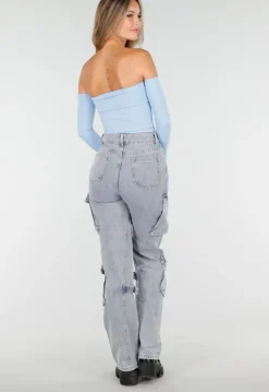 Blauwe Off Shoulder Top met Lange Mouwen en Stretchstof