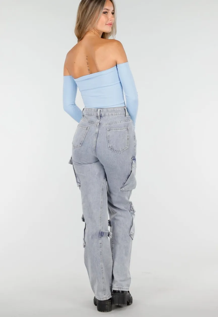 Blauwe Off Shoulder Top met Lange Mouwen en Stretchstof