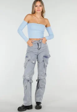 Blauwe Off Shoulder Top met Lange Mouwen en Stretchstof